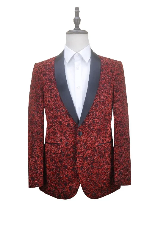 men's tailored tuxedo jacket for prom -Red Slim Fit Floral Pattern Jacket Shawl Lapel