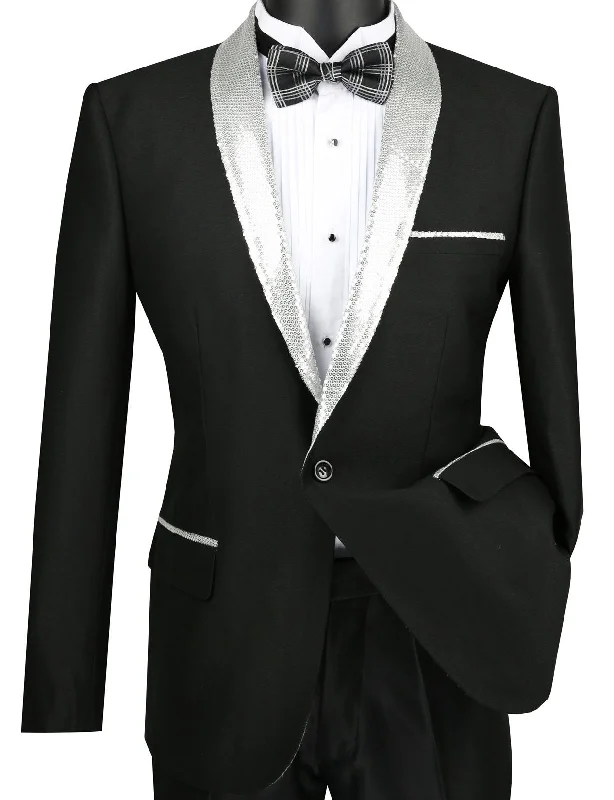 men's wool tuxedo for business events -Slim Fit Black Shiny Sharkskin Party Jacket With Silver Sequins Lapel