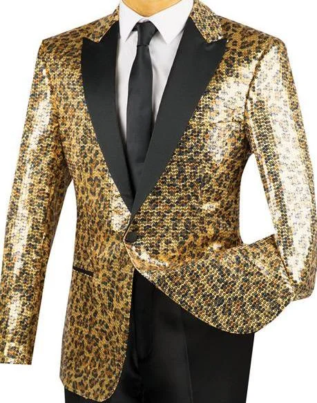 men's slim fit formal wedding suits -Regular Fit Gold Sequins Party Jacket With Trim Leopard Pattern