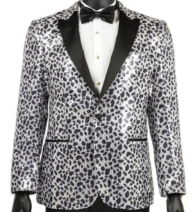 men's navy wool tuxedo jacket for weddings -Regular Fit Sliver Sequin With Trim Leopard Pattern Party Jacket