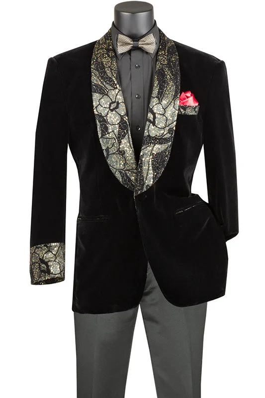 men's formal tuxedo with pleated pants -Black Regular Fit Velvet Jacket with Wide Shawl Lapel and Cuffs