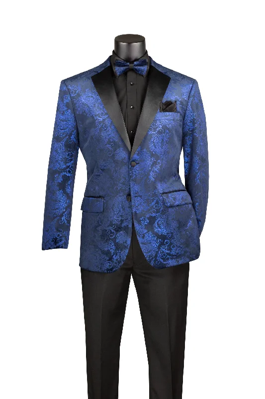 men's business wedding tuxedo with bow tie -Blue Modern Fit Velvet Jacket Metallic Design