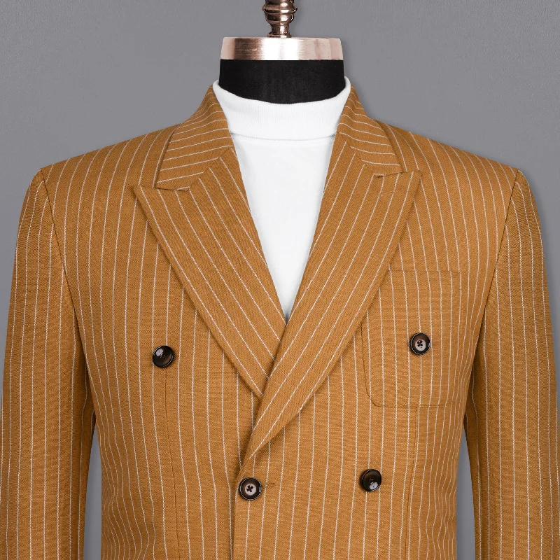 men's business tuxedo jacket with vest -Rust Striped Double-Breasted Wool Rich Blazer