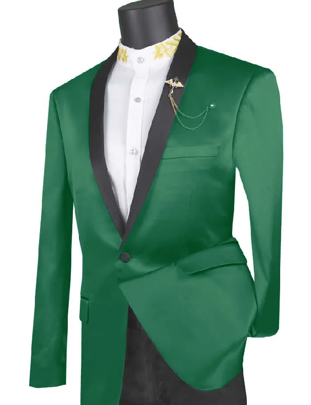 men's slim fit formal business tuxedo -(S) Green Slim Fit Blazer Stretch Sateen 1 Button With Narrow Shawl Lapel