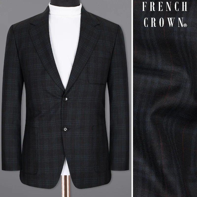 men's grey checked tuxedo jacket for business -Shark Black Plaid Wool Rich Sports Blazer