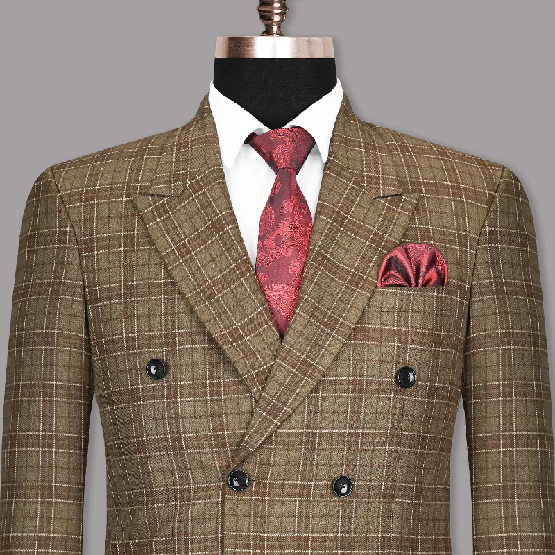 men's slim fit formal wedding tuxedo -Shingle Fawn with Sand Dune Brown Twill Double-Breasted Plaid Blazer