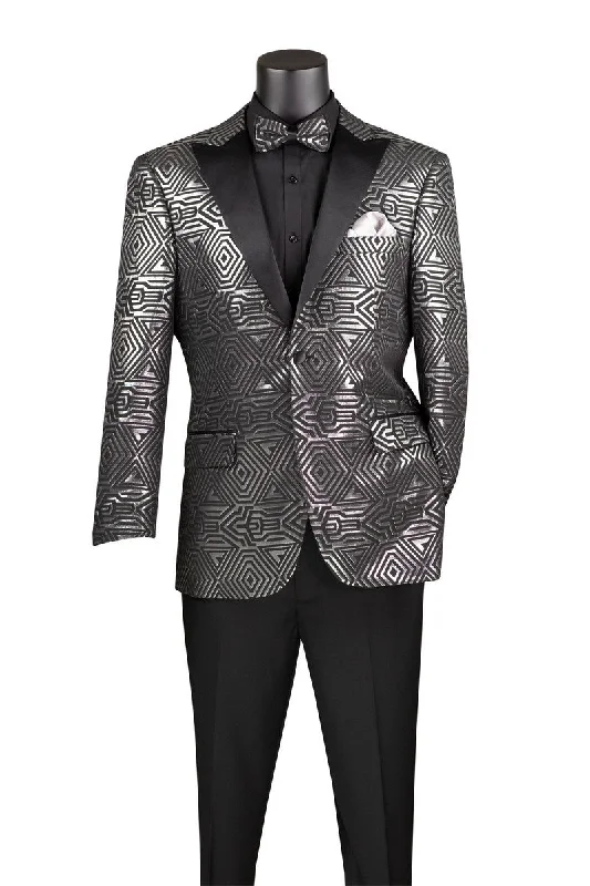 men's business grey tuxedo for meetings -Silver Modern Fit Jacquard Jacket Metallic Design with Matching Bow Tie