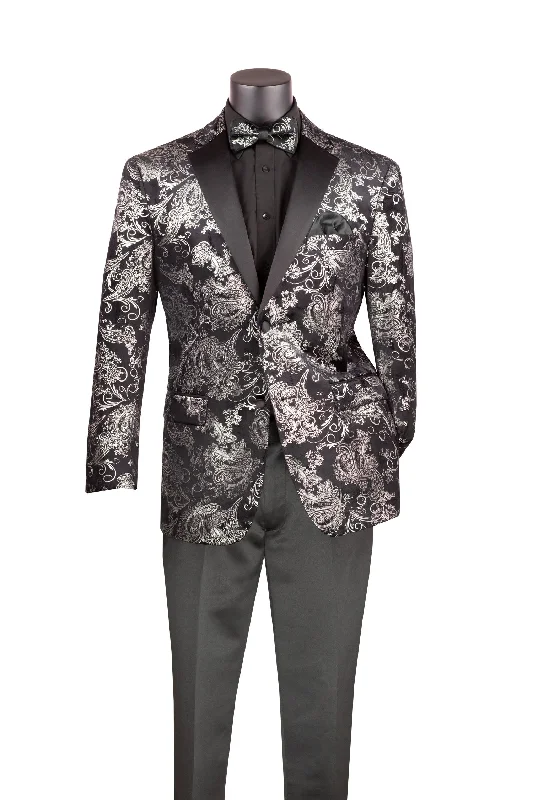 men's slim tuxedo for business weddings -Silver Modern Fit Velvet Jacket Metallic Design