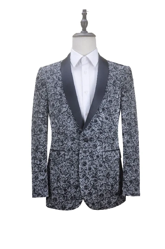 men's grey wool tuxedo with pocket square -Silver Slim Fit Floral Pattern Jacket Shawl Lapel