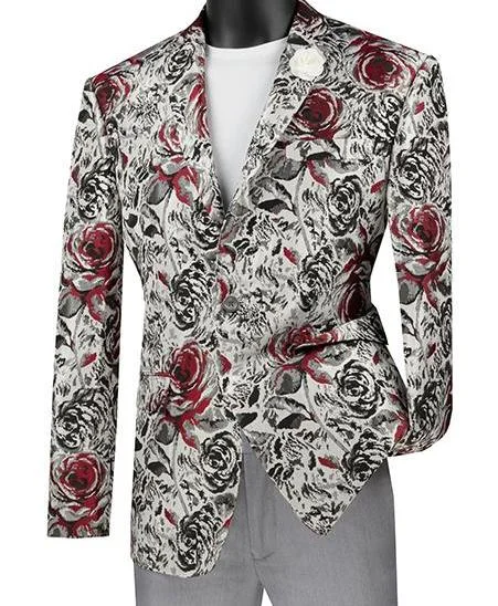 men's grey wool tuxedo with satin lapel -Slim Fit Floral Design Jacket in Red