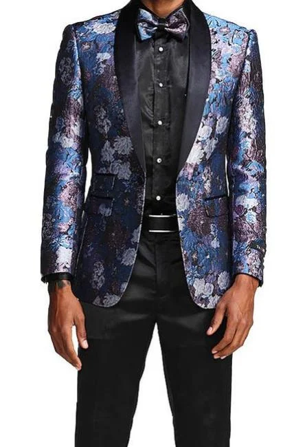 men's black wedding tuxedo with bow tie -Slim Fit Floral Pattern Blazer Satin Shawl Collar in Blue with Bow Tie