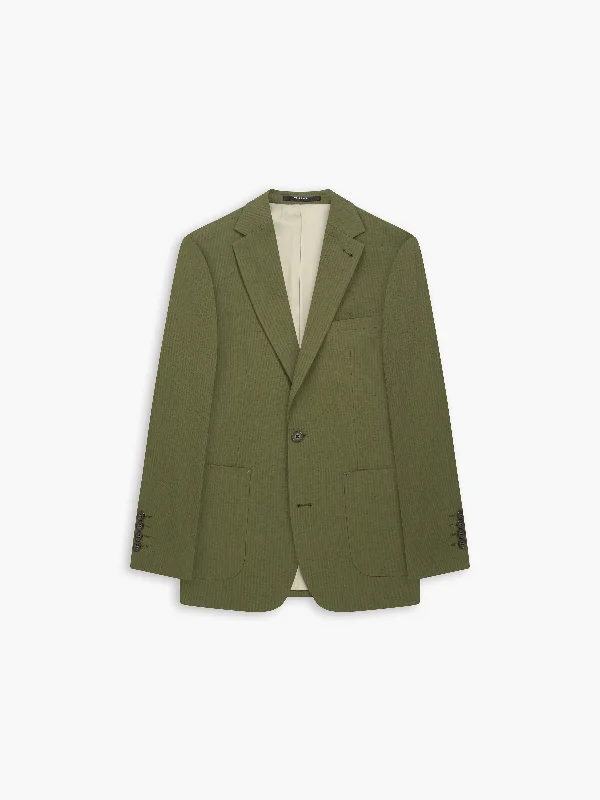 men's luxury wool tuxedo jacket -Rhodes Slim Olive Cotton-Linen Seersucker Blazer