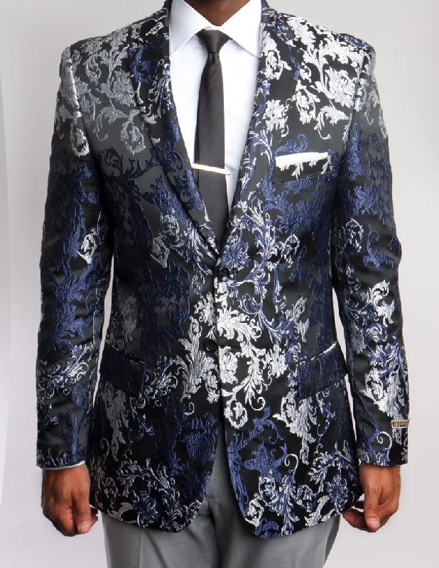 men's custom tuxedo for business meetings -Empire Collection - Mens Modern Fit Black and Silver Floral Sports Coat