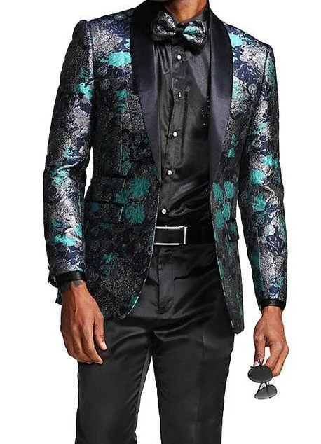 men's stylish grey wool tuxedo -Slim Fit Floral Pattern Blazer Satin Shawl Collar in Turquoise with Bow Tie