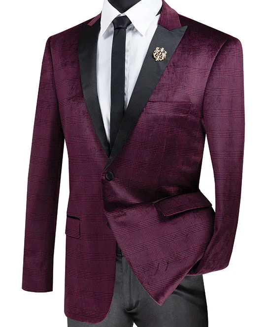 men's navy tuxedo jacket for wedding -(M) Slim Fit Velvet Jacket 2 Button Peak Lapel Glen Plaid Pattern in Ruby