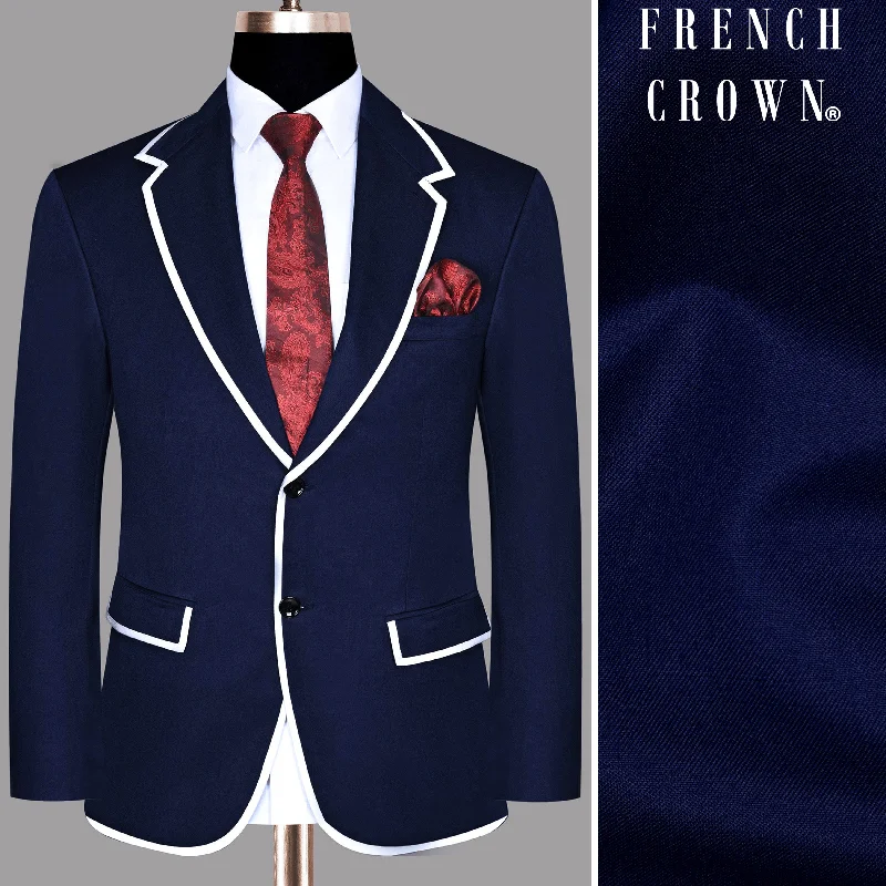 men's blue tuxedo for business meetings -Space Blue Subtle Sheen with White Border Patterned Blazer