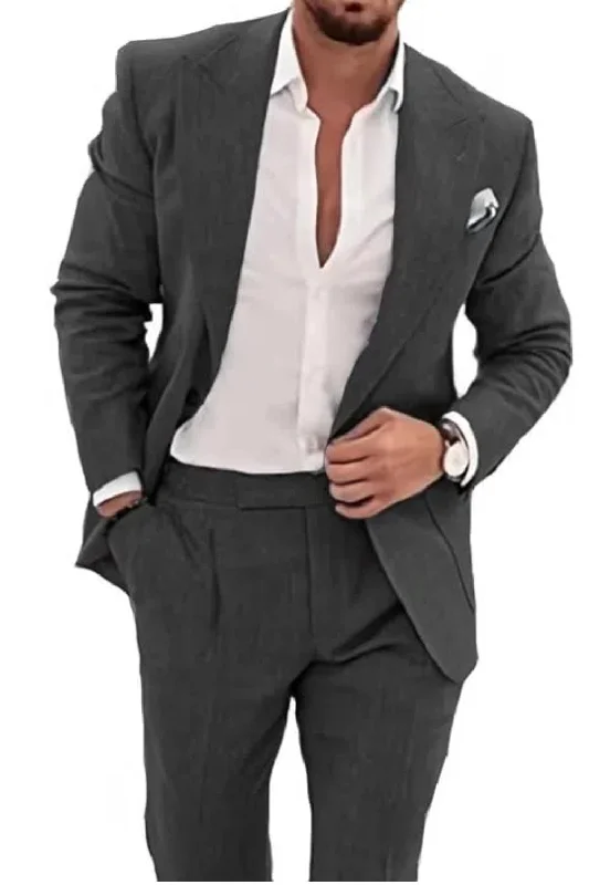 men's grey checked tuxedo jacket for business -Summer Casual Linen Men's  2 Piece Suit Blazer Pants Set