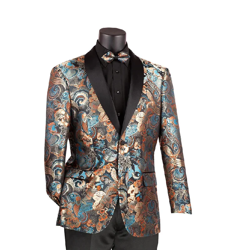 men's grey wool tuxedo with satin finish -Teal Modern Fit Paisley Pattern Jacquard Fabric Jacket with Bow Tie