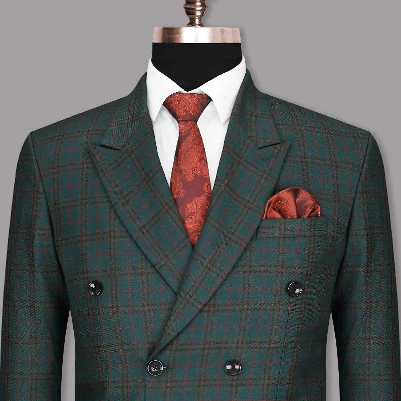 men's tailored grey wool tuxedo -Tiber Green with Espresso Brown Wool Rich Windowpane Double-Breasted Blazer