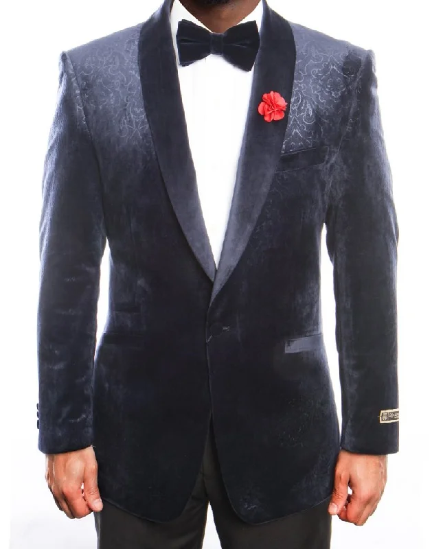 men's wool tuxedo for office events -Empire Collection - Velvet Regular Fit Vintage Floral Blazer in Navy