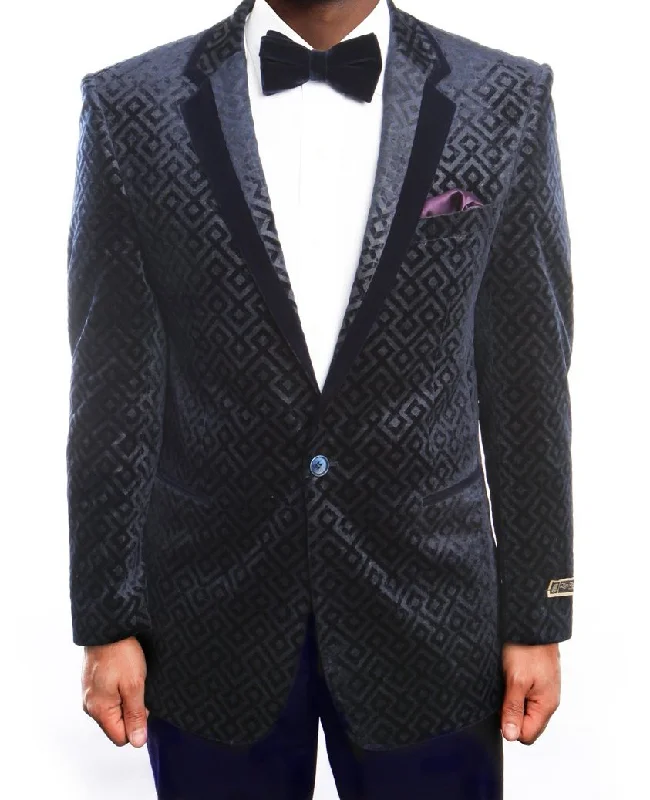 men's blue wool tuxedo jacket -Empire Collection - Vintage Pattern Blazer Regular Fit Navy