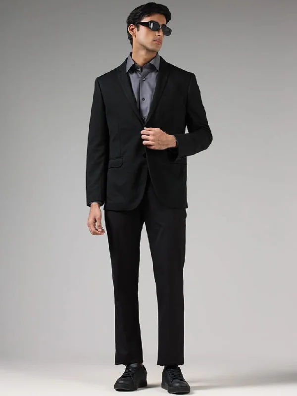 men's tailored black tuxedo for meetings -WES Formals Black Slim-Fit Dobby Blazer