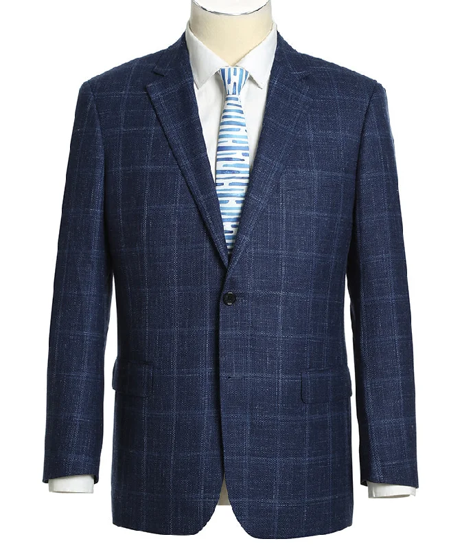 men's grey tuxedo with vest -Wool and Silk Regular Fit Blazer Windowpane Pattern in Navy