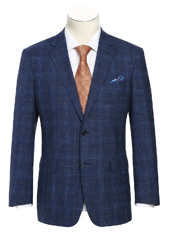 men's slim fit wool tuxedo suit -Regular Fit Wool & Linen Blue Plaid Blazer