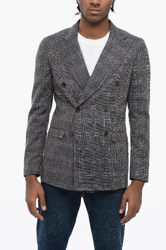 men's grey wool tuxedo for office events -Corneliani Cc Collection Double-Breasted Reward Tartan Patterned Blazer