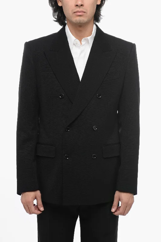 men's slim fit wedding tuxedo with pleats -Dolce & Gabbana Wool Blend Double-Breasted Blazer With Peak lapel