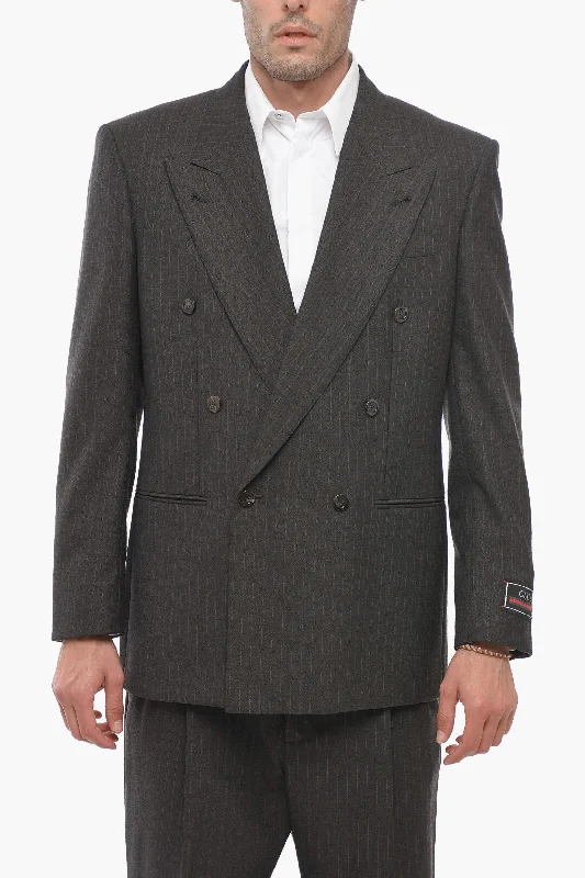 men's custom tuxedo with pleats -Gucci Double-breasted Herringbone Wool Blazer with Peak Lapel