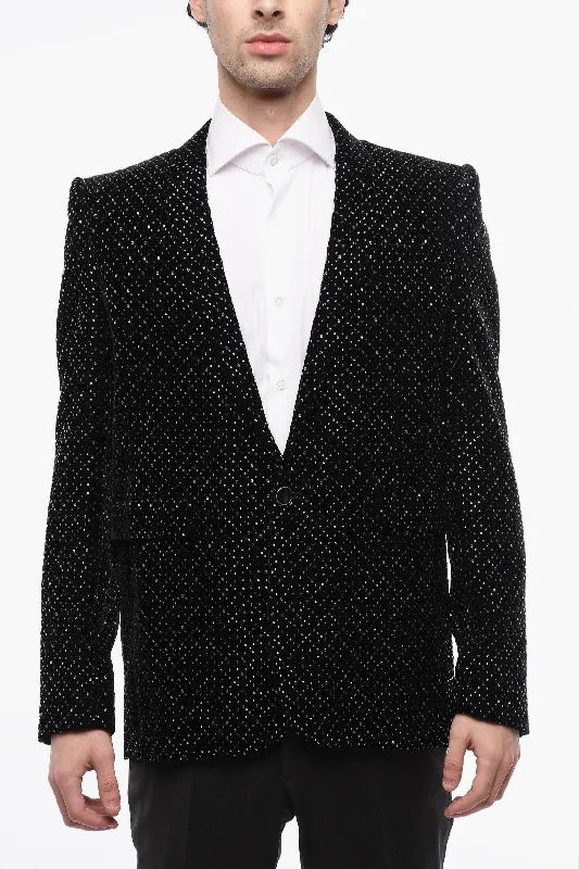 men's business grey tuxedo with pocket square -Saint Laurent Velour Tuxed Blazer with Beaded Embroideries